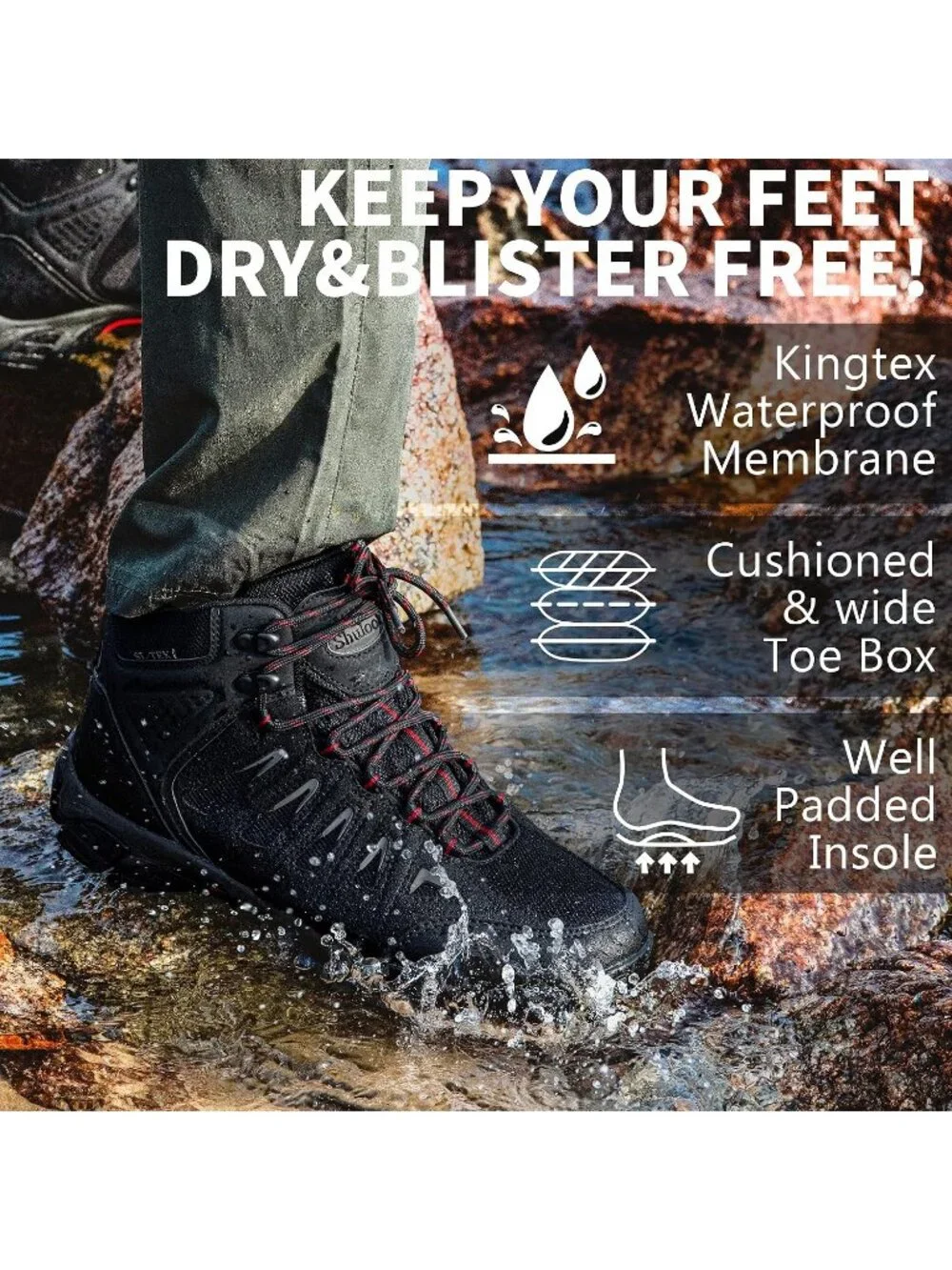 Men's Black Red Waterproof Shoes Casual Mid Top Round Toe Non Slip Hiking Boots